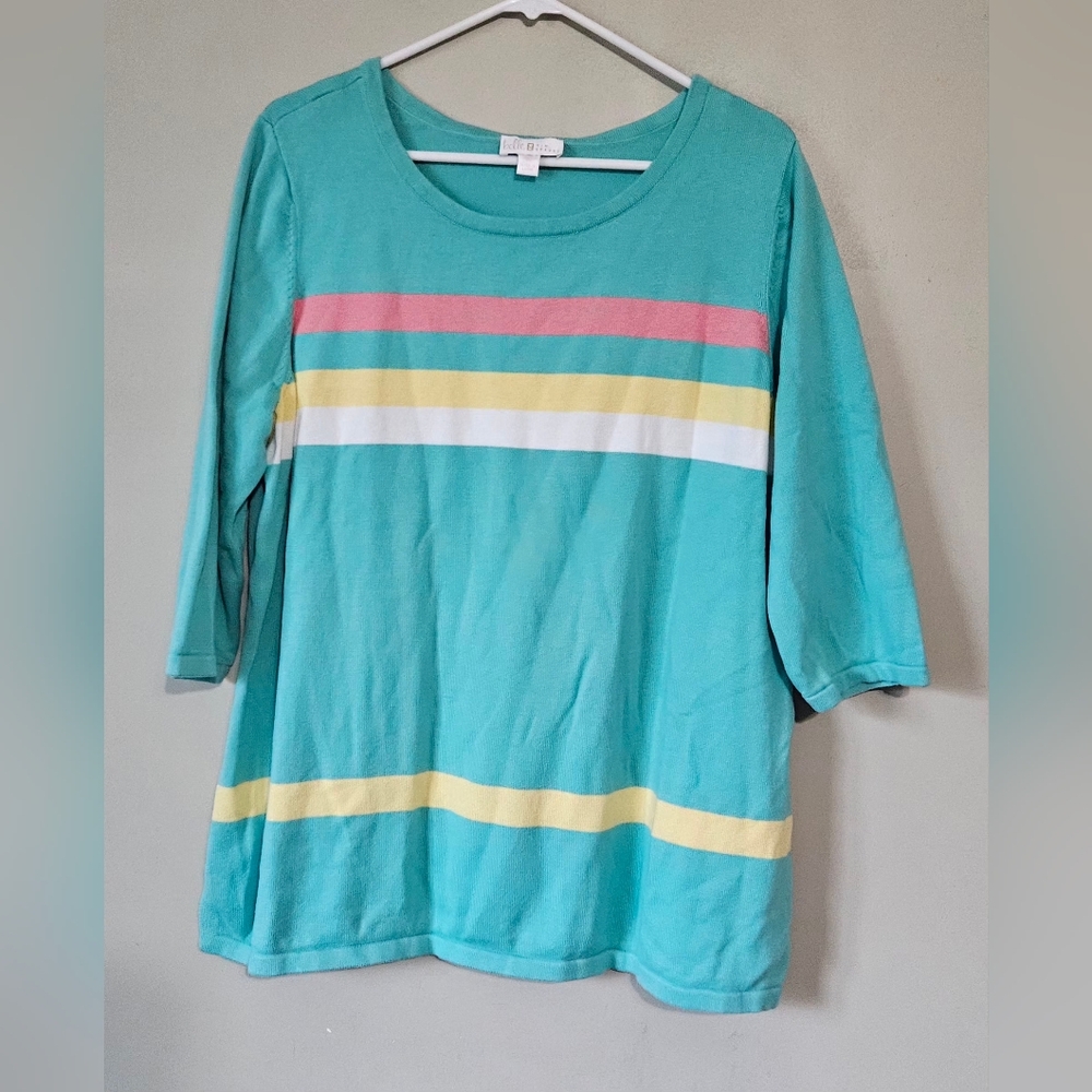 🩵💜Belle Kim Gravel Striped‎ 3/4 Sleeve Sweater Resort Top Sz 1 X 🩷💚
